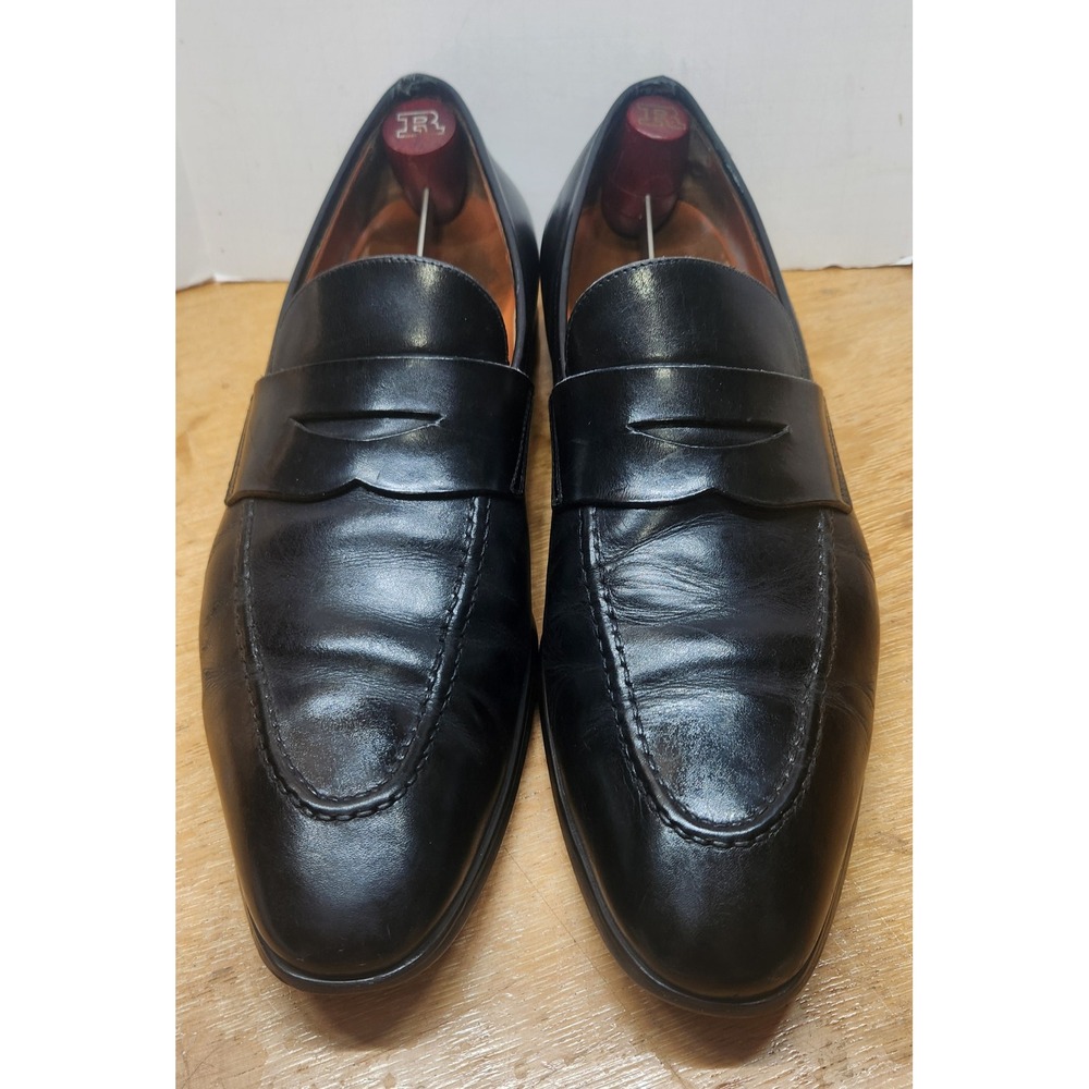 Santoni Mens Black Leather Penny Loafers Dress Shoes 8087 Size 10 Italy